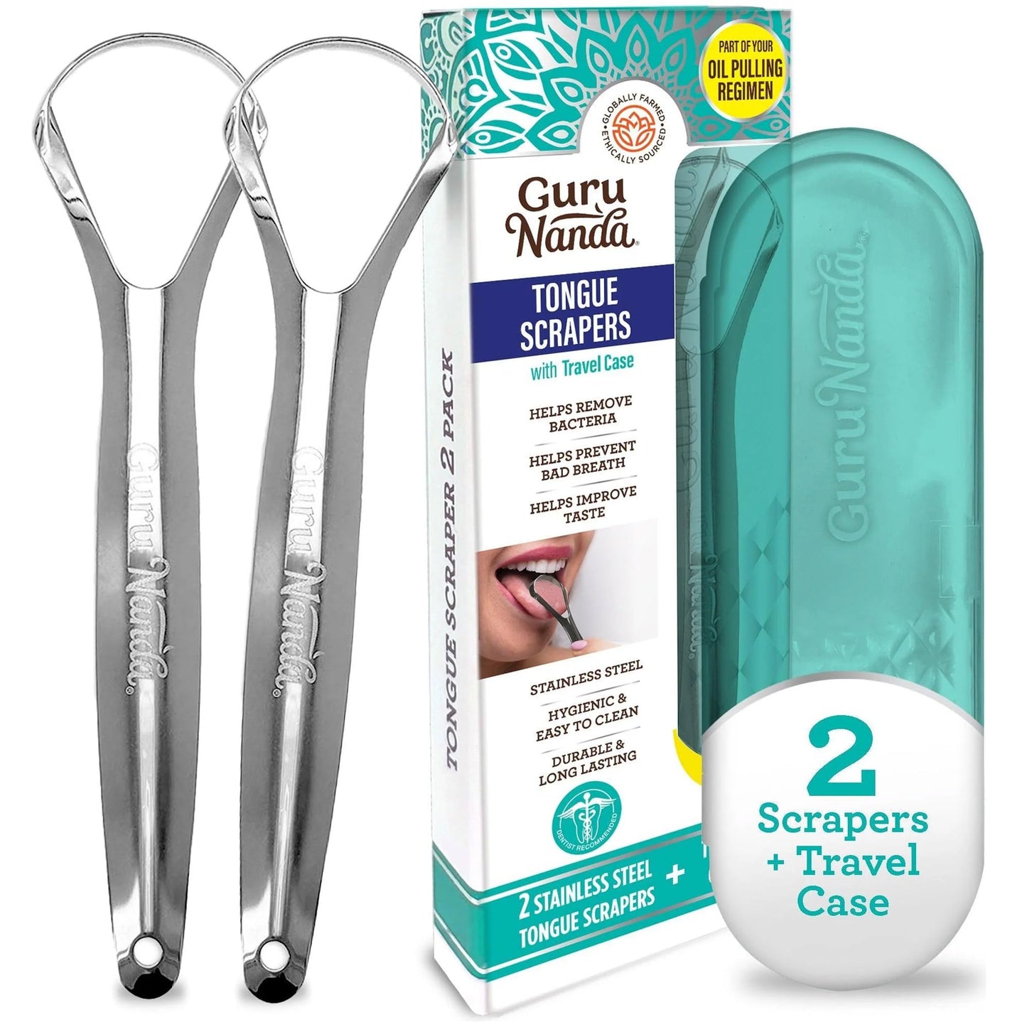 GuruNanda Tongue Scrapers Stainless Steel with Travel Case 2s